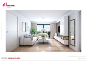 Vista de salón en 3D de obra nueva en edificio San Miguel