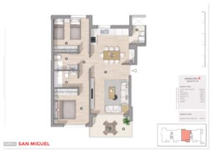 Plano 2D de vivienda tipo C/Planta 1-2 y 3 de obra nueva en edificio San Miguel